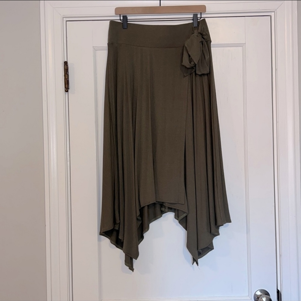 Lane Bryant overlapping faux wrap  Skirt Size 14/16 olive assymetrical h…